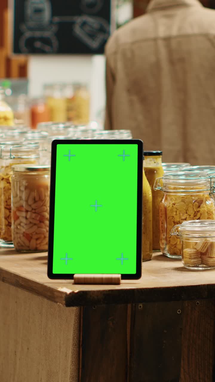 Vertikalt video-greenscreenlayout på tablet i lokalt, økologisk supermarked