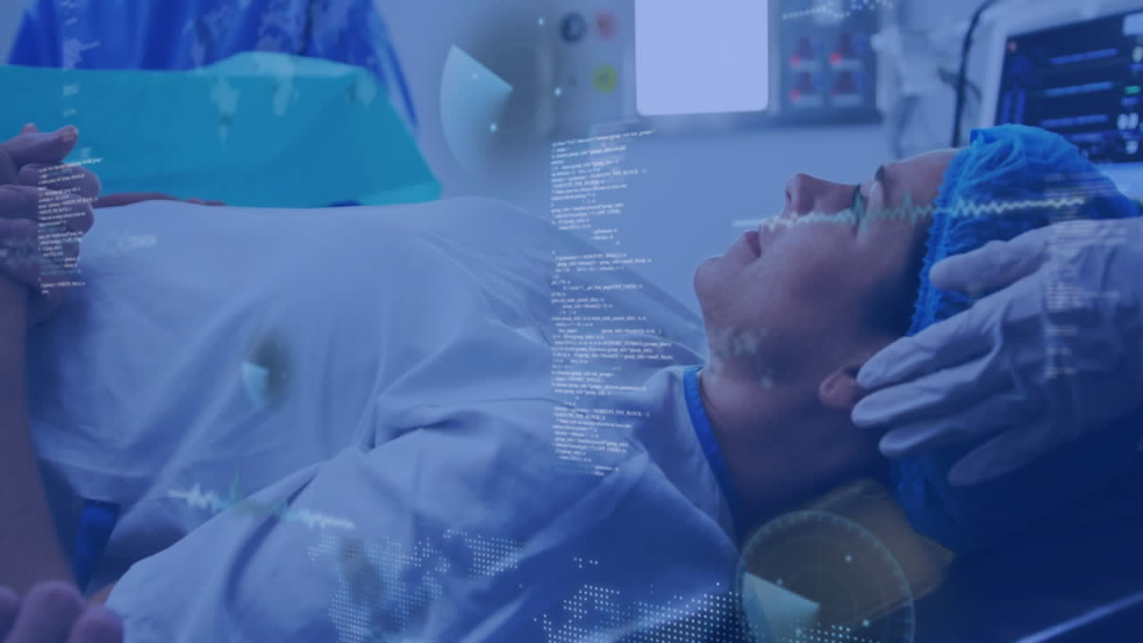 Medical data processing animation over patient lying in hospital bed