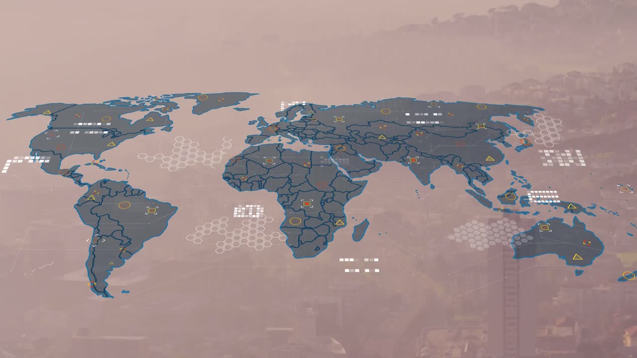 animación del mapa del mundo y procesamiento de datos financieros sobre el paisaje urbano