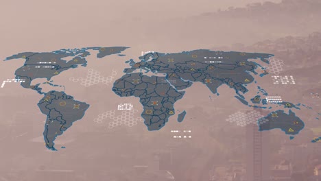 Animación-Del-Mapa-Mundial-Y-Procesamiento-De-Datos-Financieros-Sobre-El-Paisaje-Urbano