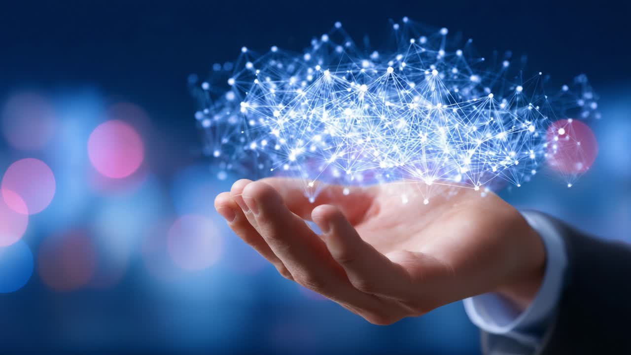A Hand Holding a Network of Glowing Connections Representing Digital Innovation and Technological Advancement in a Futuristic Virtual Space
