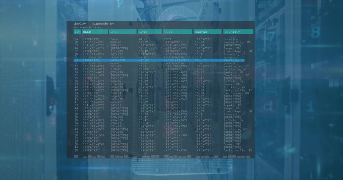 Animation of cyber security data processing against computer server room