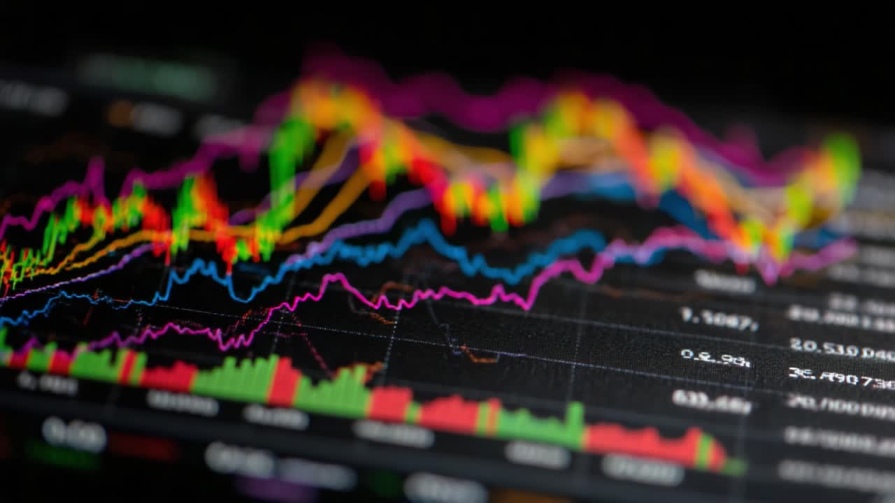 Visualizzazione dinamica di dati finanziari con linee di tendenza colorate e indicatori di mercato visualizzati sull'interfaccia del grafico azionario