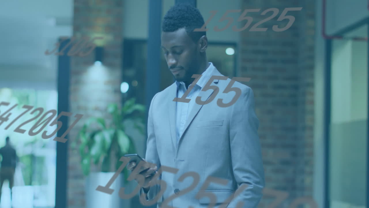 Businessman using smartphone with floating numbers animation in modern office