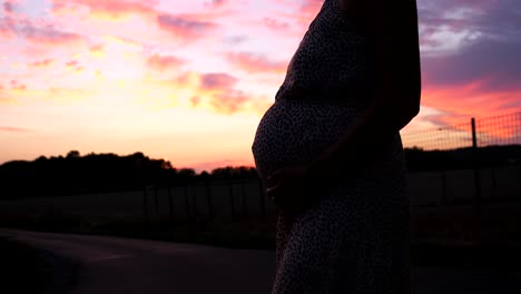 silueta de mujer embarazada con el vientre frente al colorido cielo de la puesta de sol por la noche, cerrar