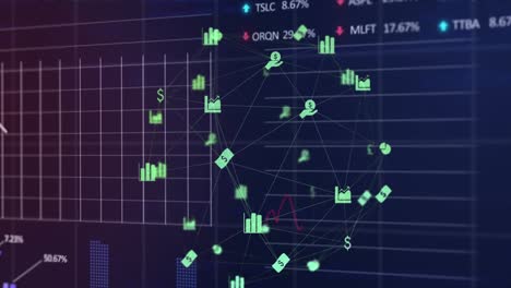 Animation-of-connected-icons-forming-globe-with-graphs-and-trading-boards-over-black-background