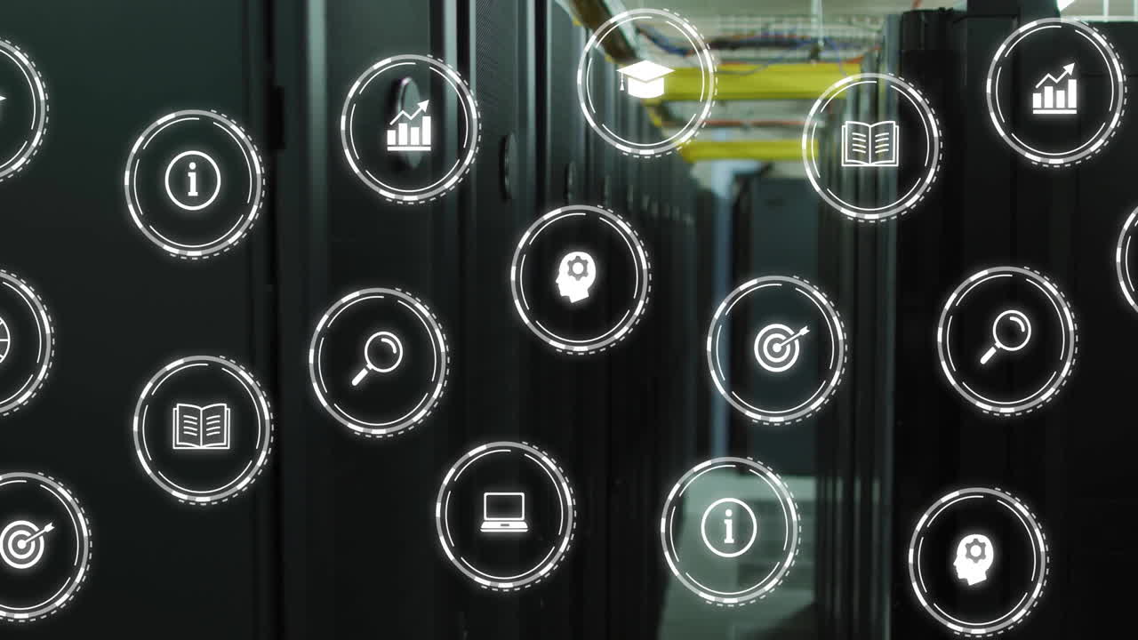 animación de iconos digitales y procesamiento de datos a través de servidores informáticos