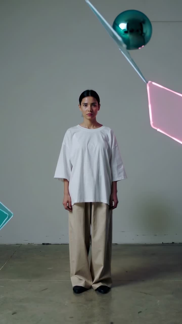 Vertical video: Model posing in white top and pants on set as teal triangle and pink square looping