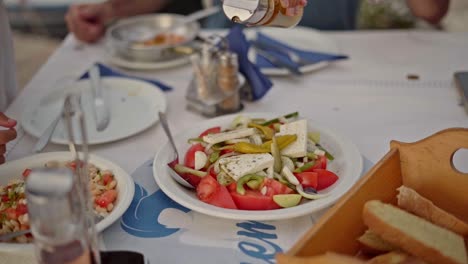 delicious greek salad at a seaside restaurant