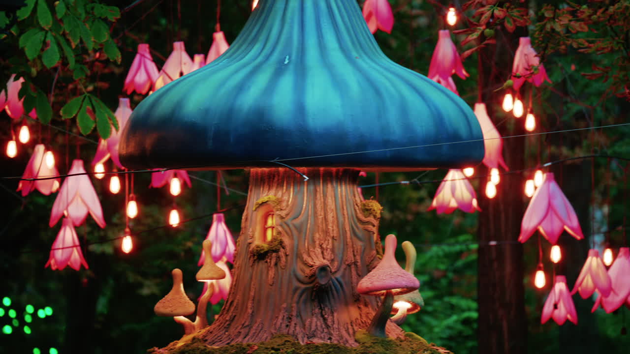 Colorful fantasy style mushroom installation with glowing lights and decorative flower lamps in a forest setting