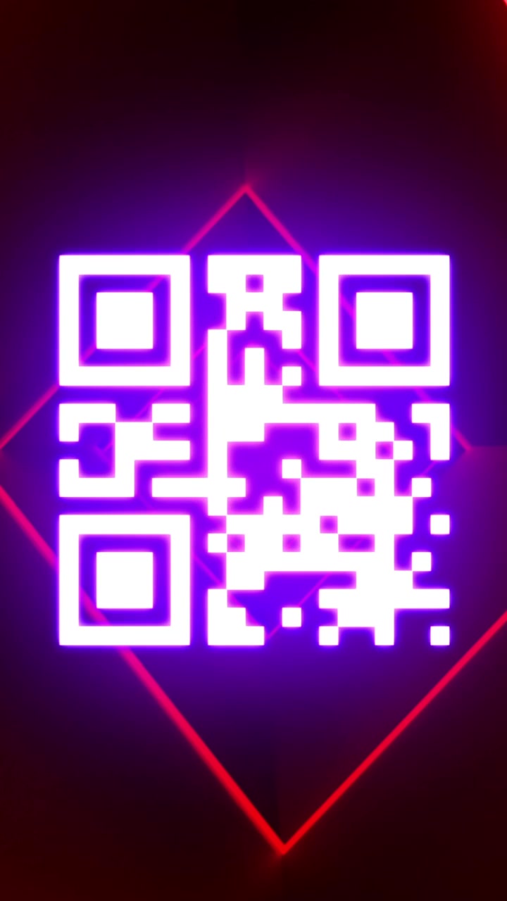 Animation of a neon qr code moving in a red digital tunnel on black background