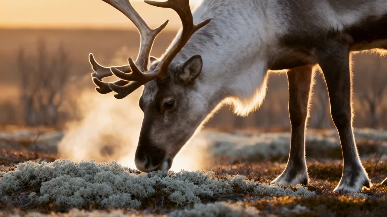 Foderøkende voksent rensdyr finder lavplet i tundra, kantbelyst gevir, synlig ånde