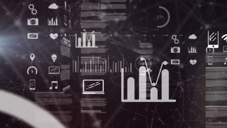 animation of digital icons and data processing over network of connections against black background