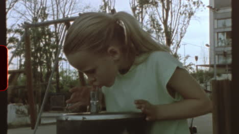 filmed on super 8 film - blond girl with ponytail drinking water from a fountain in a playground, near some swings and trees, in a sunny day