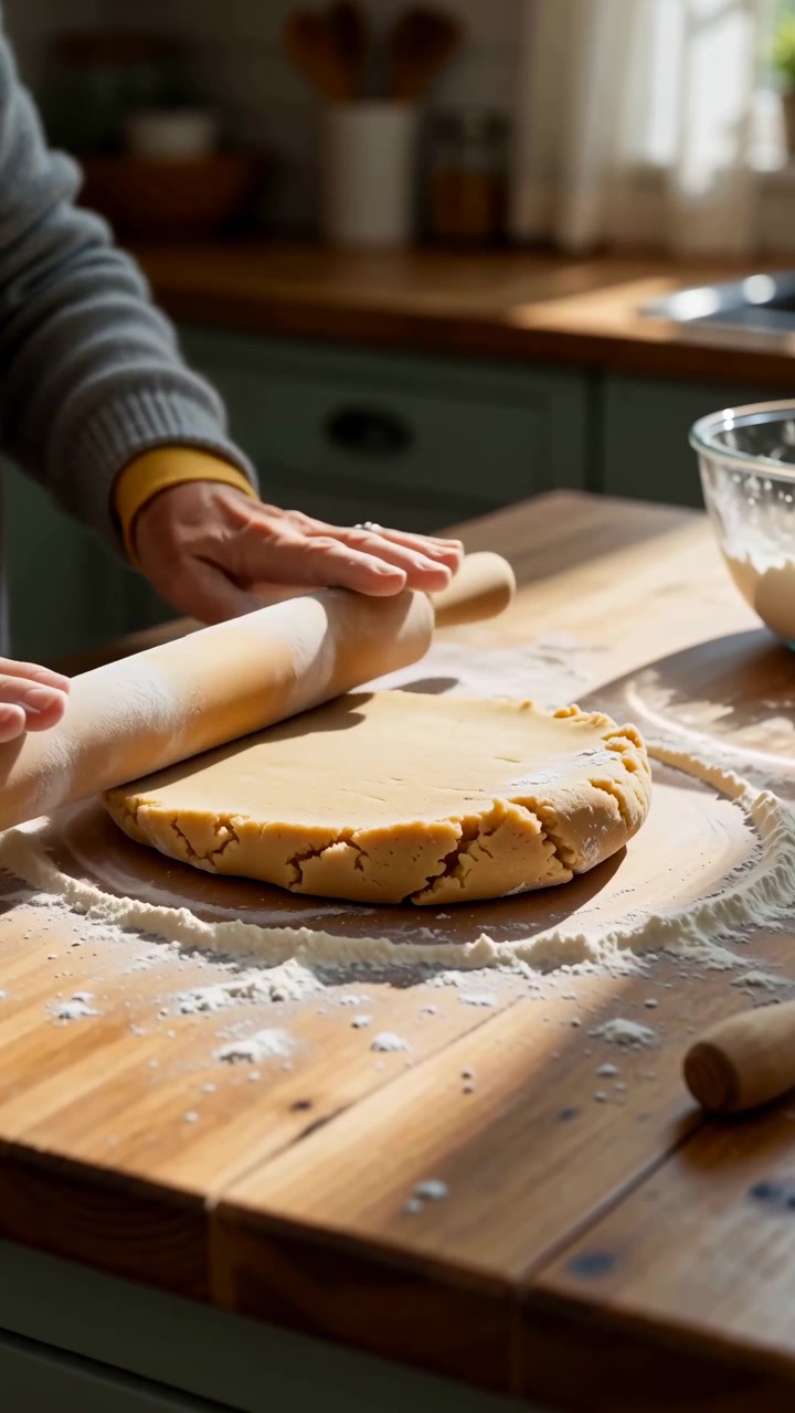 Close view shows hands working soft dough on wooden board in bright kitchen setting with flour scattered around, steady movement, natural textures, warm lighting, and simple baking preparation