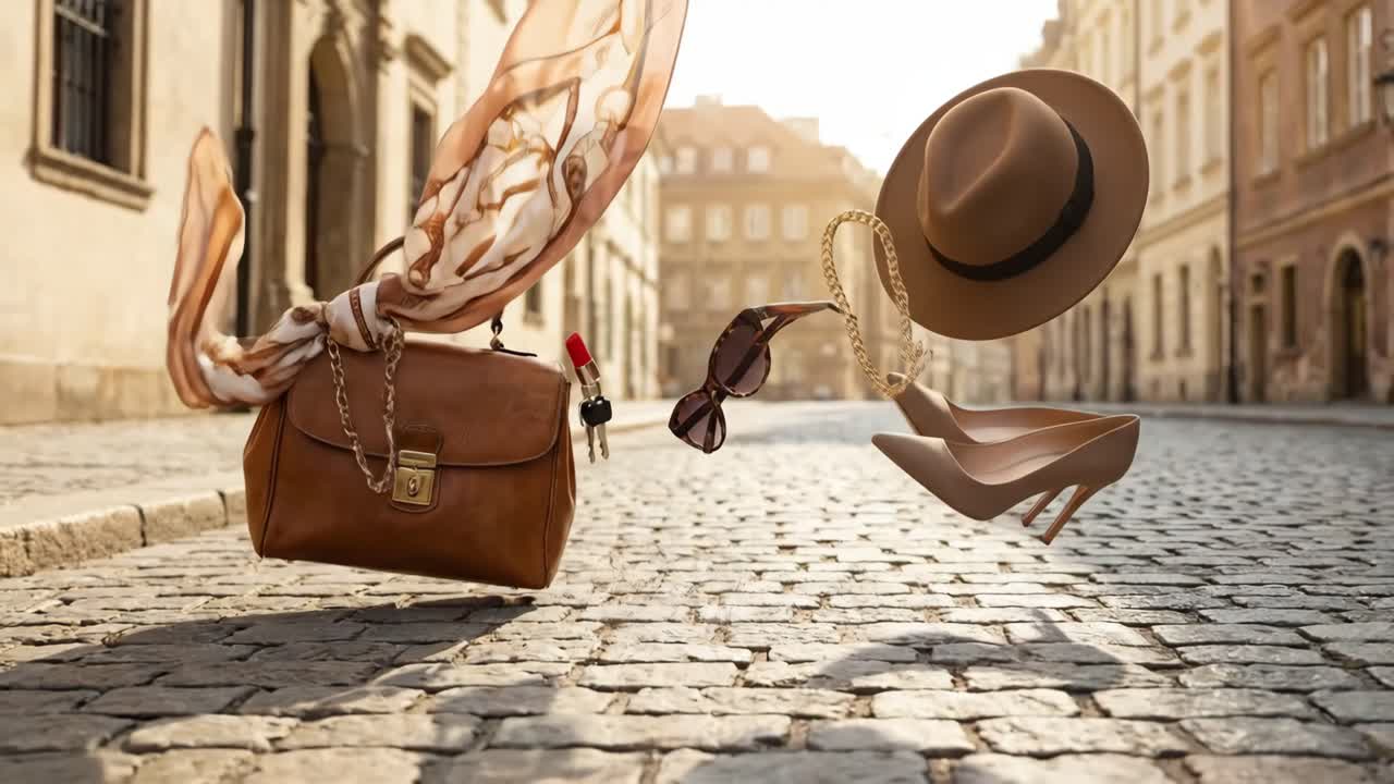 Accessori moda eleganti che fluttuano sopra una vecchia strada della città