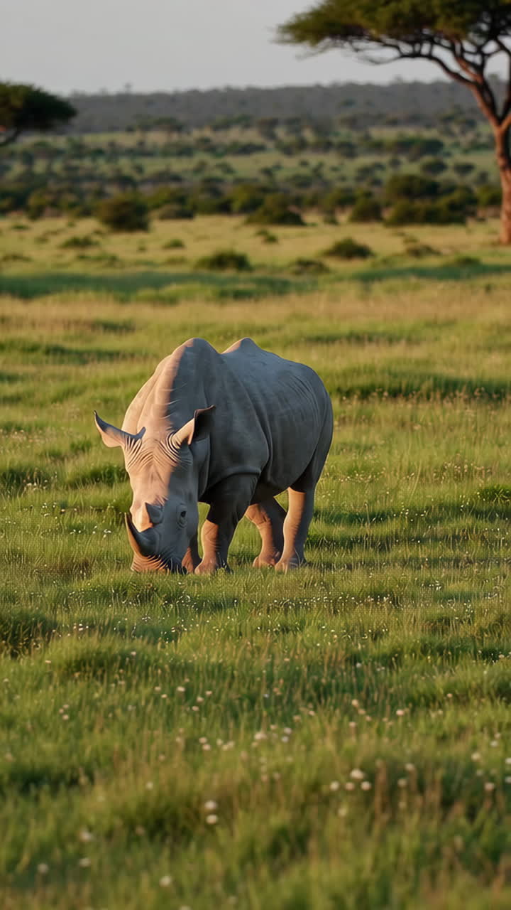 Rhinoceros Grazing in a Grassy Field