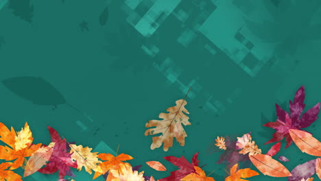decorative autumn frame of rotating yellow leaves on abstract artistic green background. looped animation. copy space.