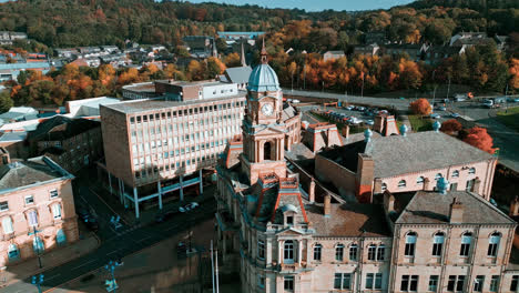 aerial drone footage of the english market town centre of dewsbury in west yorkshire in the uk showing the historical town centre and the dewsbury townhall