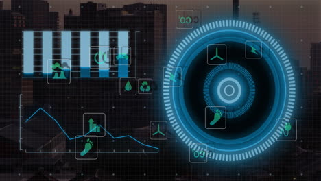 animación del procesamiento de datos y el escaneo de alcance sobre el paisaje urbano