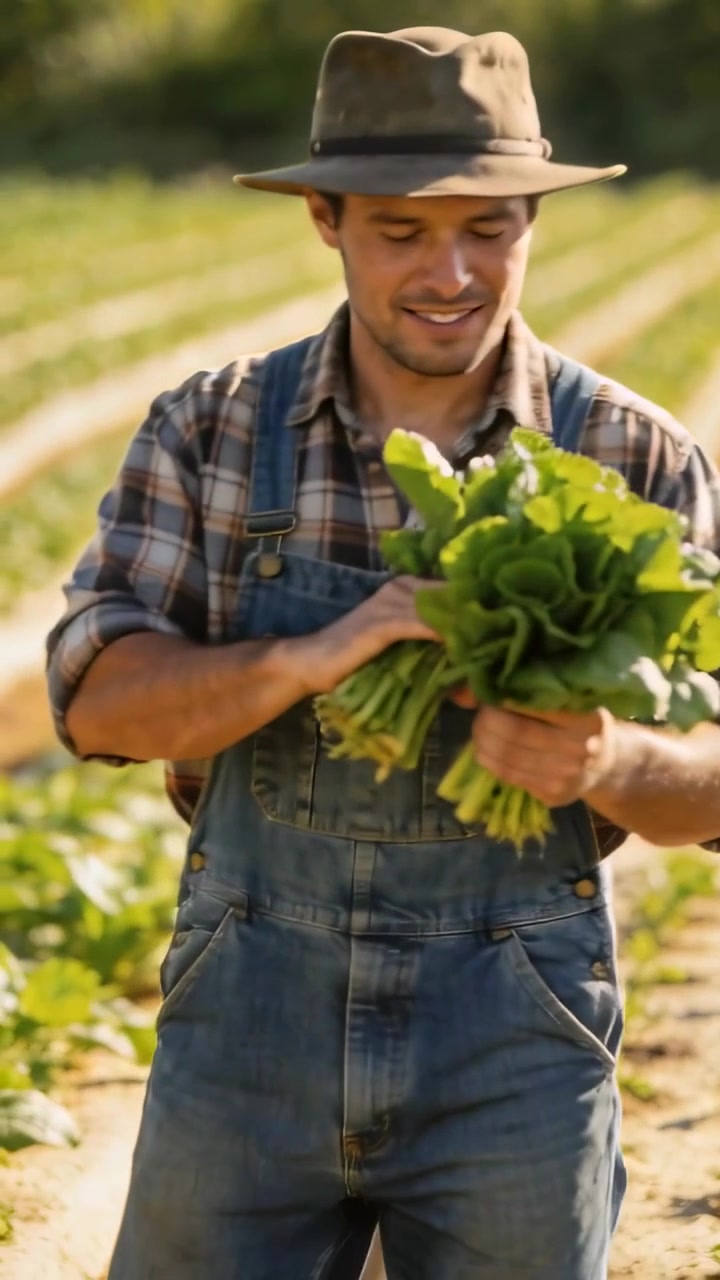 Video vertical: Hombre sonriente recogiendo dos verduras de hoja en el campo para la cosecha, con sombrero y mono.