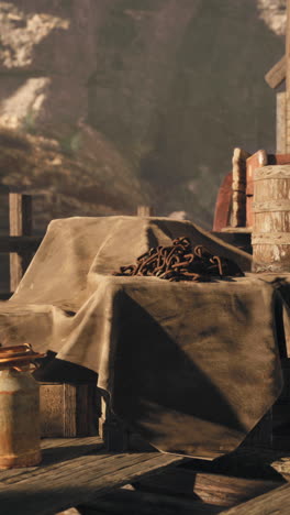 a rustic wooden structure with an old milk can and chain