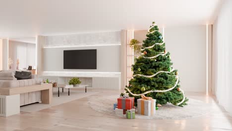 árbol de navidad decorado con regalos envueltos en una sala de estar moderna