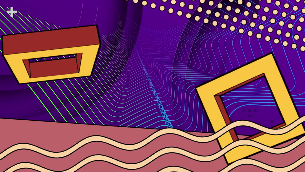 Animation of retro pattern and shapes on multi coloured background