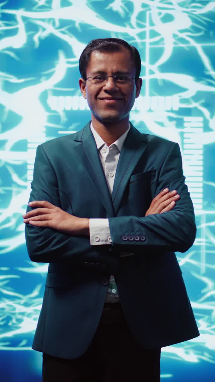 Vertical video Portrait of happy man standing with arms crossed in front of AI brain