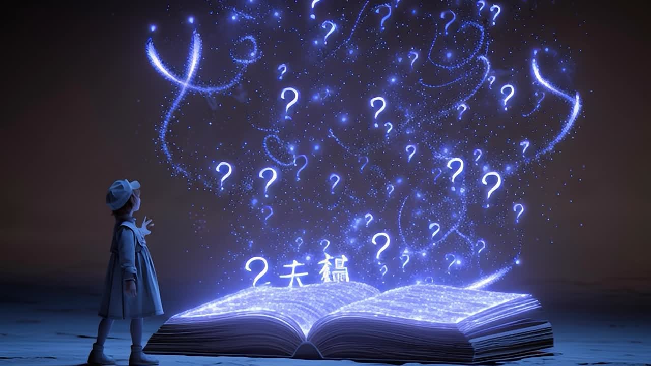 Un bambino scopre un libro magico con punti interrogativi vorticosi al crepuscolo