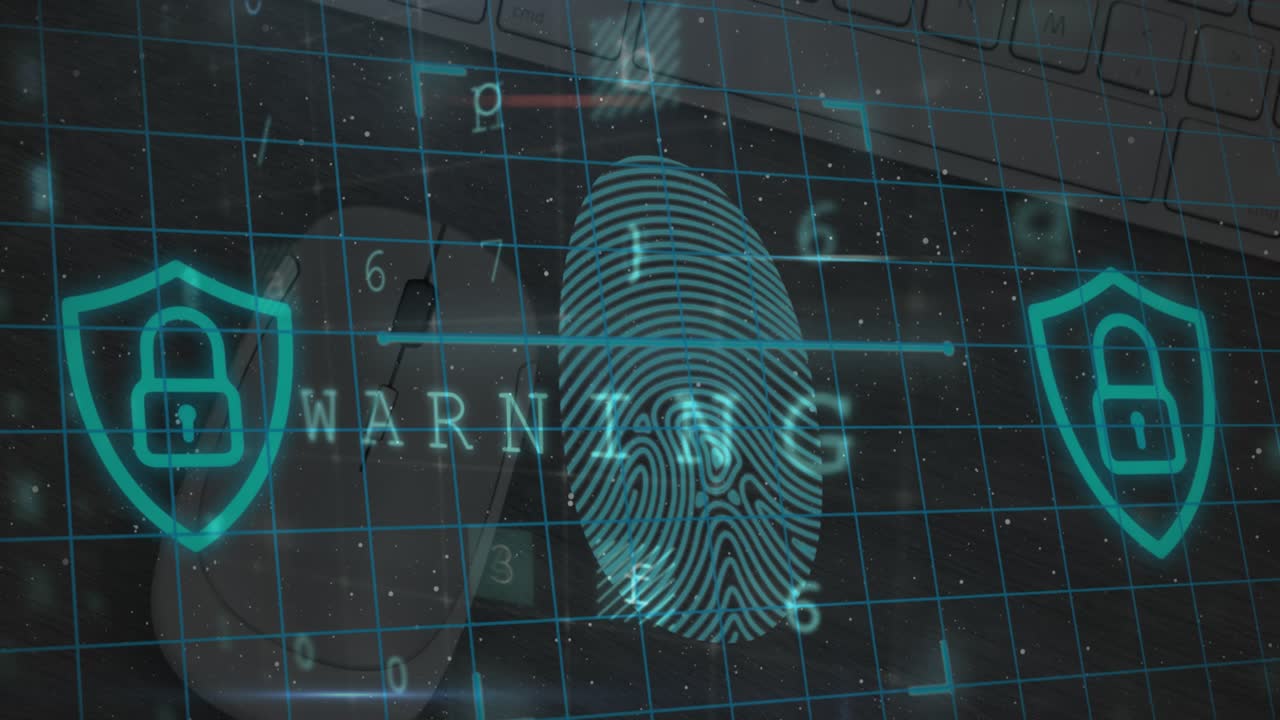 Biometric fingerprint scanner and security padlocks against close up of a mouse and computer server