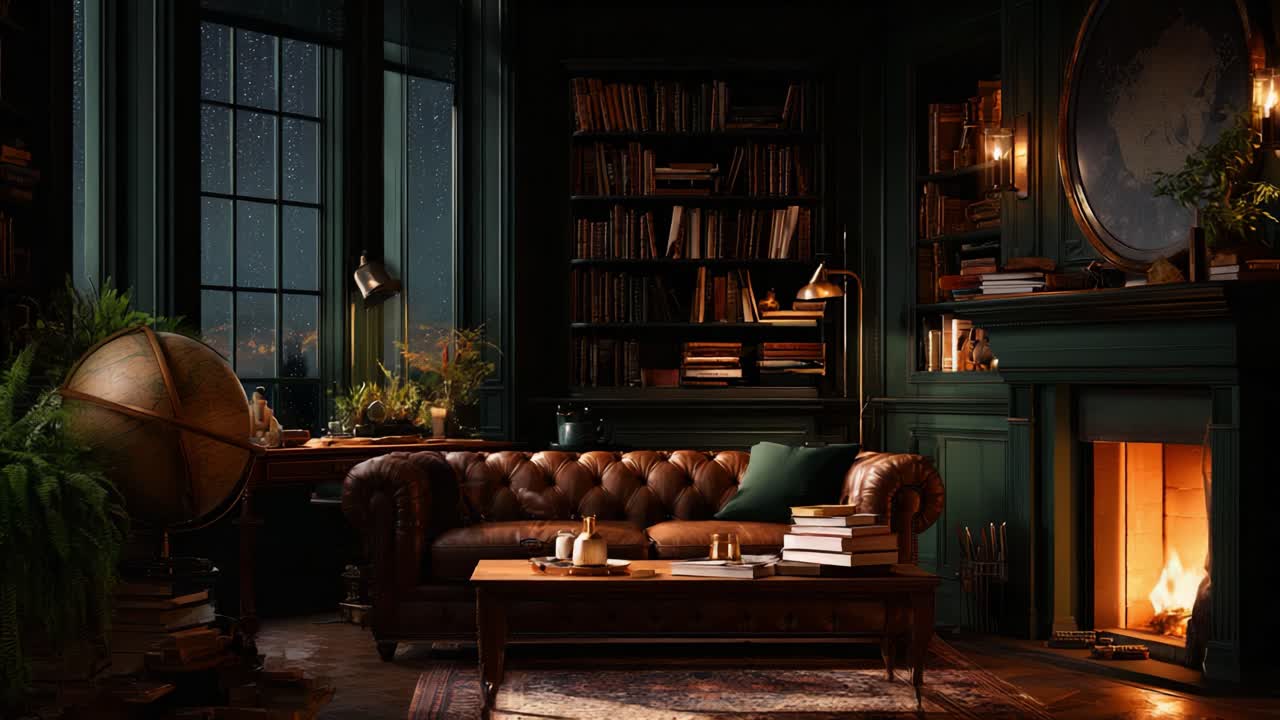 A Cozy Library Evening: A Warm, Inviting Space Featuring a Leather Couch, Bookshelves Filled with Literature, a Beautiful Globe, and a Crackling Fireplace Under a Starry Sky