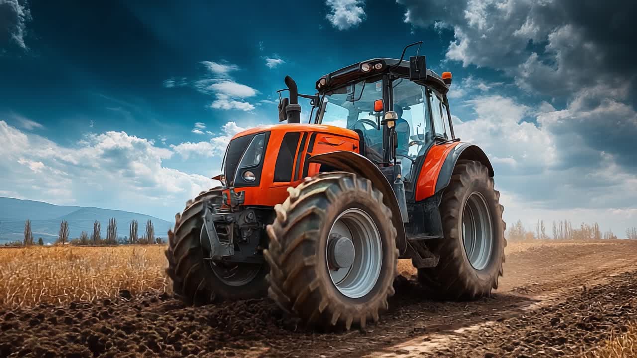 Uma cena agrícola vibrante exibindo um trator potente arando campos eficientemente sob um céu dramático, destacando a intersecção entre tecnologia e natureza nas práticas agrícolas