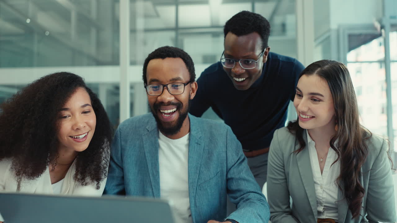 Business people, laughing and teamwork on laptop