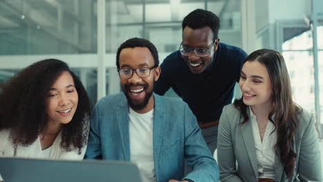business people, laughing and teamwork on laptop