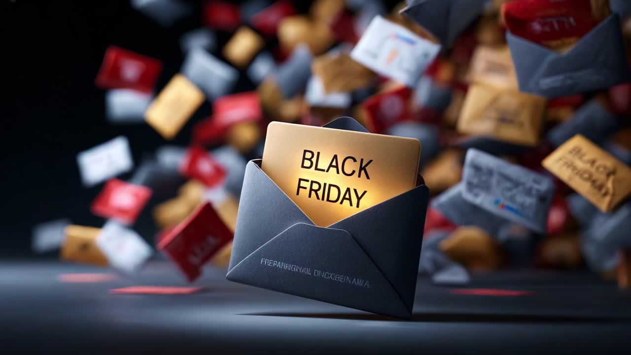 An eye-catching display of Black Friday shopping excitement, featuring a glowing card emerging from an envelope amidst a cascade of colorful sale tags and offers symbolizing festive retail promotions