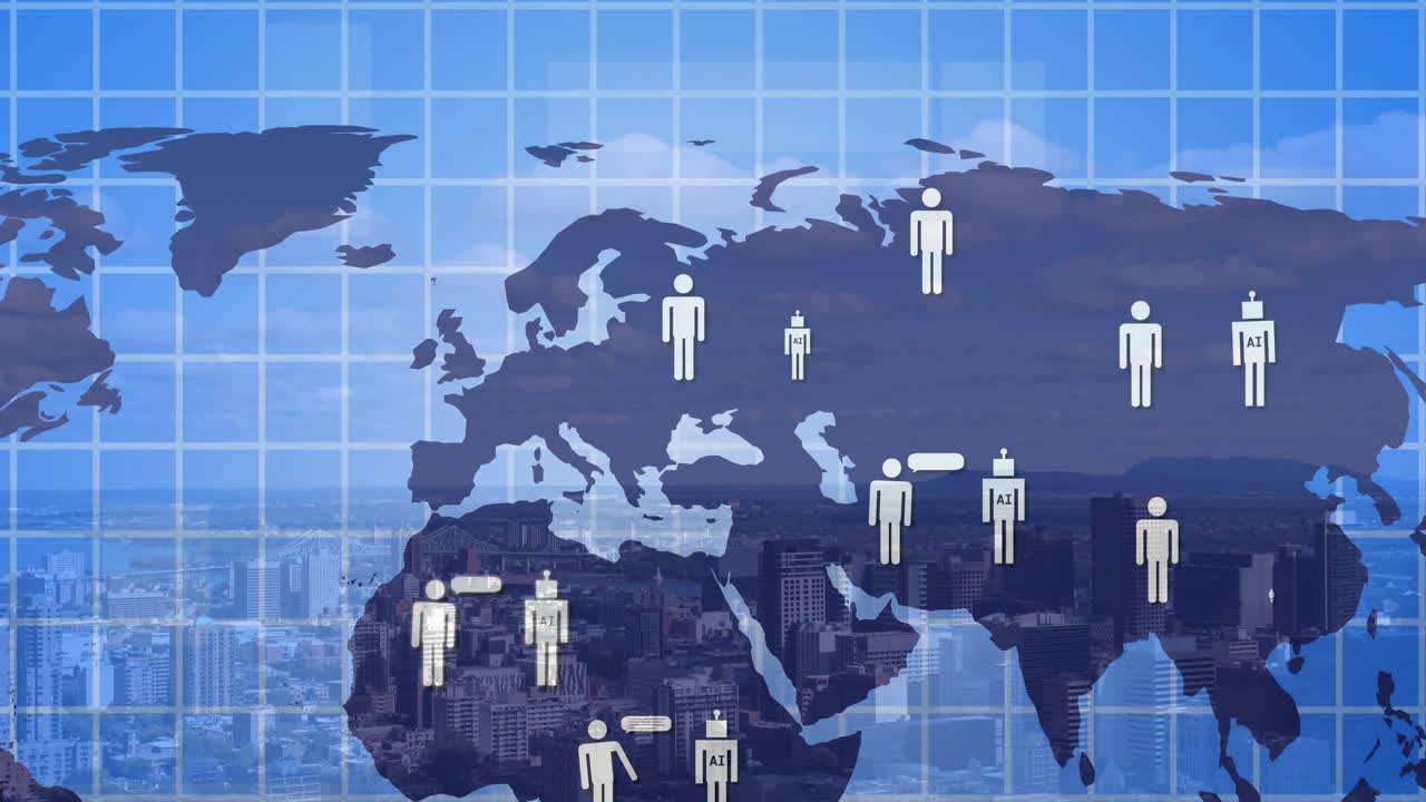 도시 풍경 위의 아이콘과 함께 세계 지도의 애니메이션