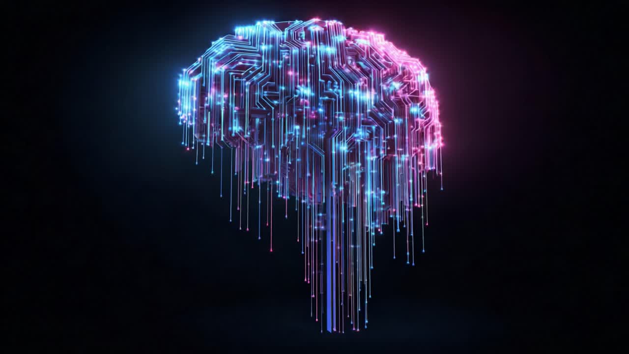 Abstract animation of a digital brain formed by glowing circuit board tracks and optic fibers, representing concepts of artificial intelligence, machine learning, and big data processing