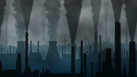 una ciudad de fábrica con chimeneas soplando nubes oscuras