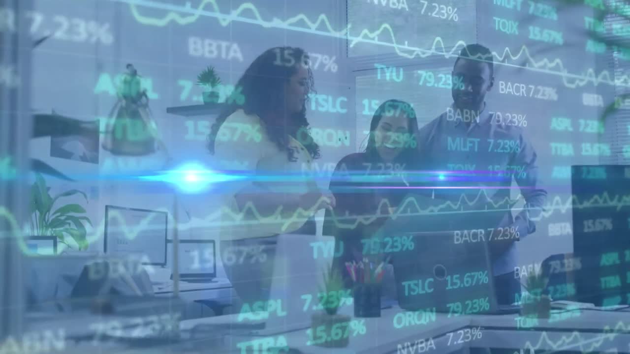 Animation of stock market and light trails over diverse business people