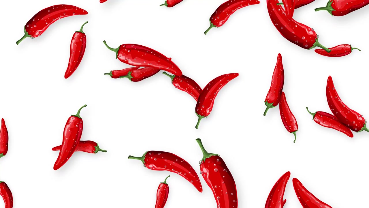 Red chili peppers fall and rotate through the air against a clean white background.