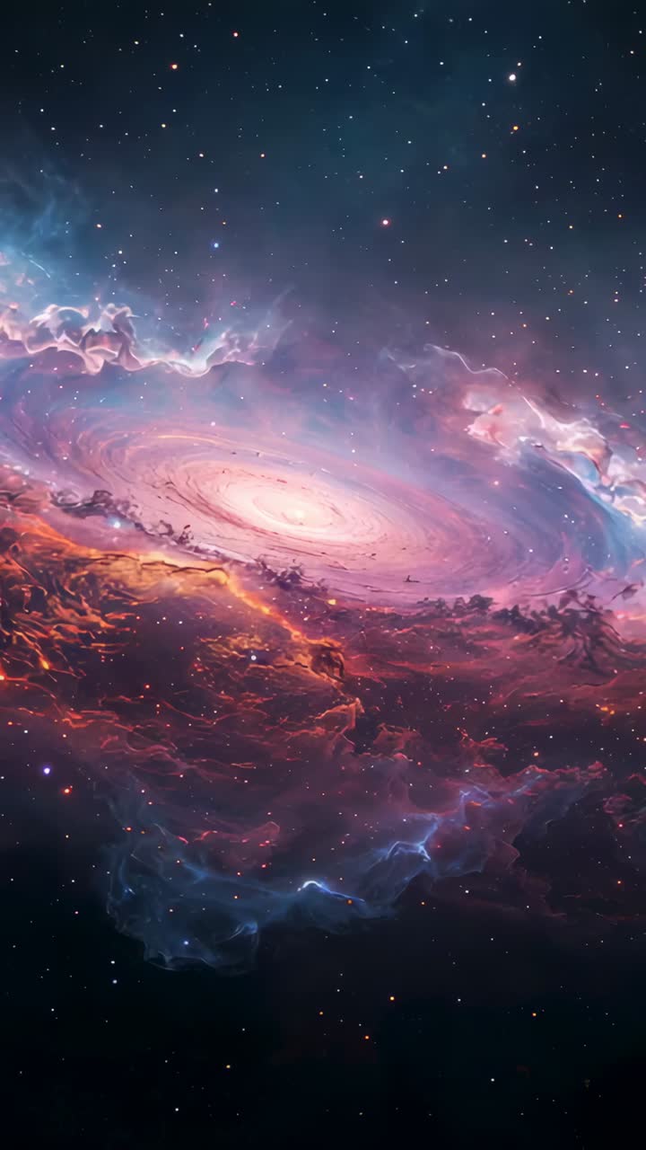 Vertical video: Zooming camera revealing bright spiral core in space showing gas strands and dust