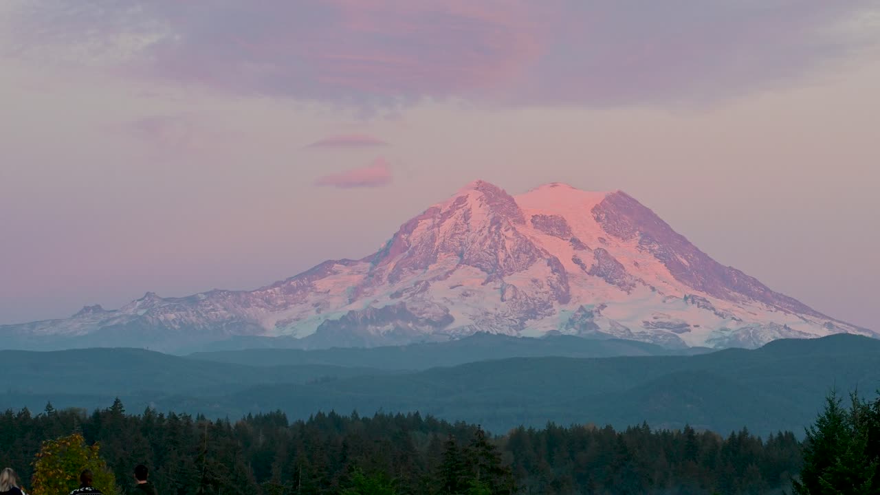 Pink and purple skies bathe Mount Rainier in soft light during a peaceful aerial view over forested foothills at sunset