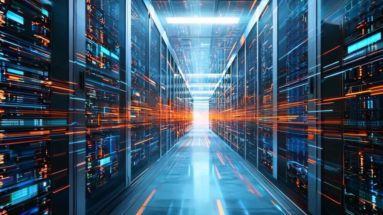 A long hallway in a server room filled with rows of servers