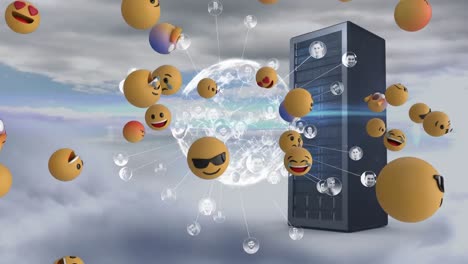 Múltiples-Emojis-De-Cara-Sobre-El-Globo-De-La-Red-De-Conexiones-Y-Servidor-Informático-Contra-Las-Nubes-En-El-Cielo