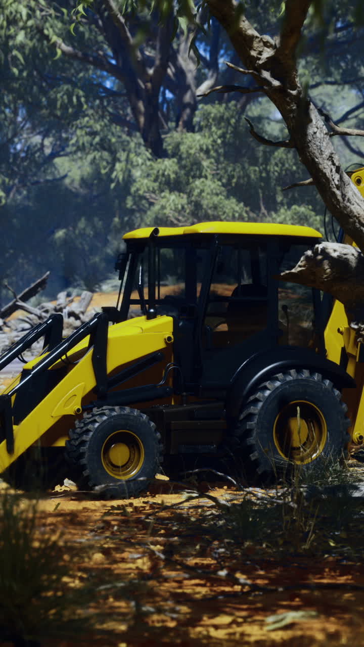 Heavy machinery clears fallen trees in a lush forest setting during midday