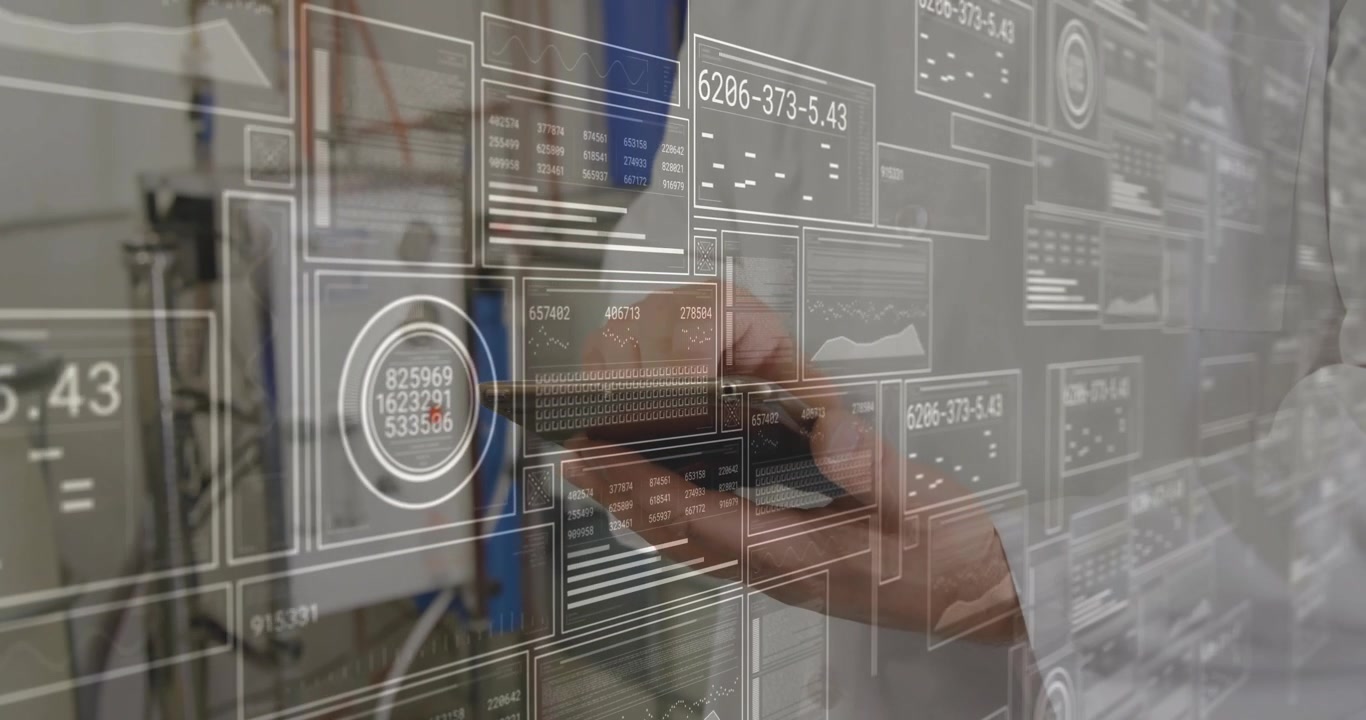 Scientist Using Smartphone with Digital Data Overlay in Industrial Lab
