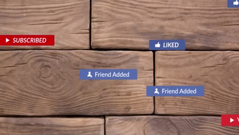 Animation-of-social-media-icons-floating-against-wooden-brick-wall-background