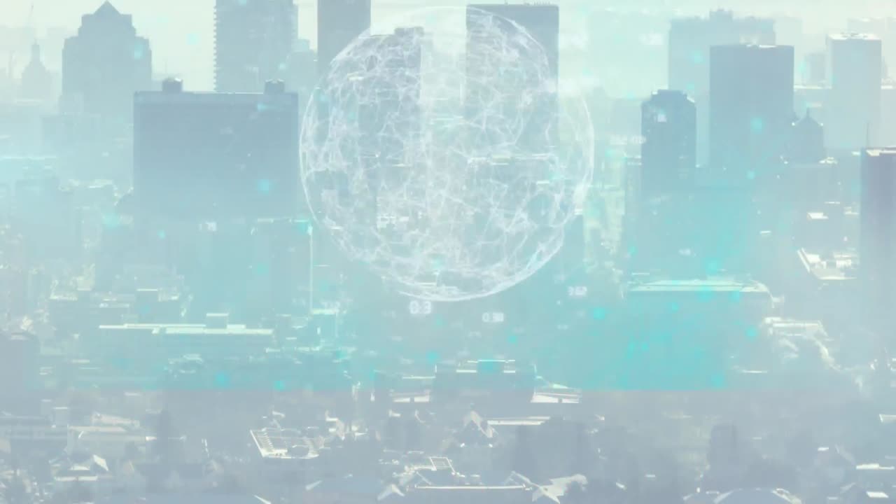 도시 풍경의 공중 전망에 대한 데이터 처리와 함께 여러 화면의 애니메이션