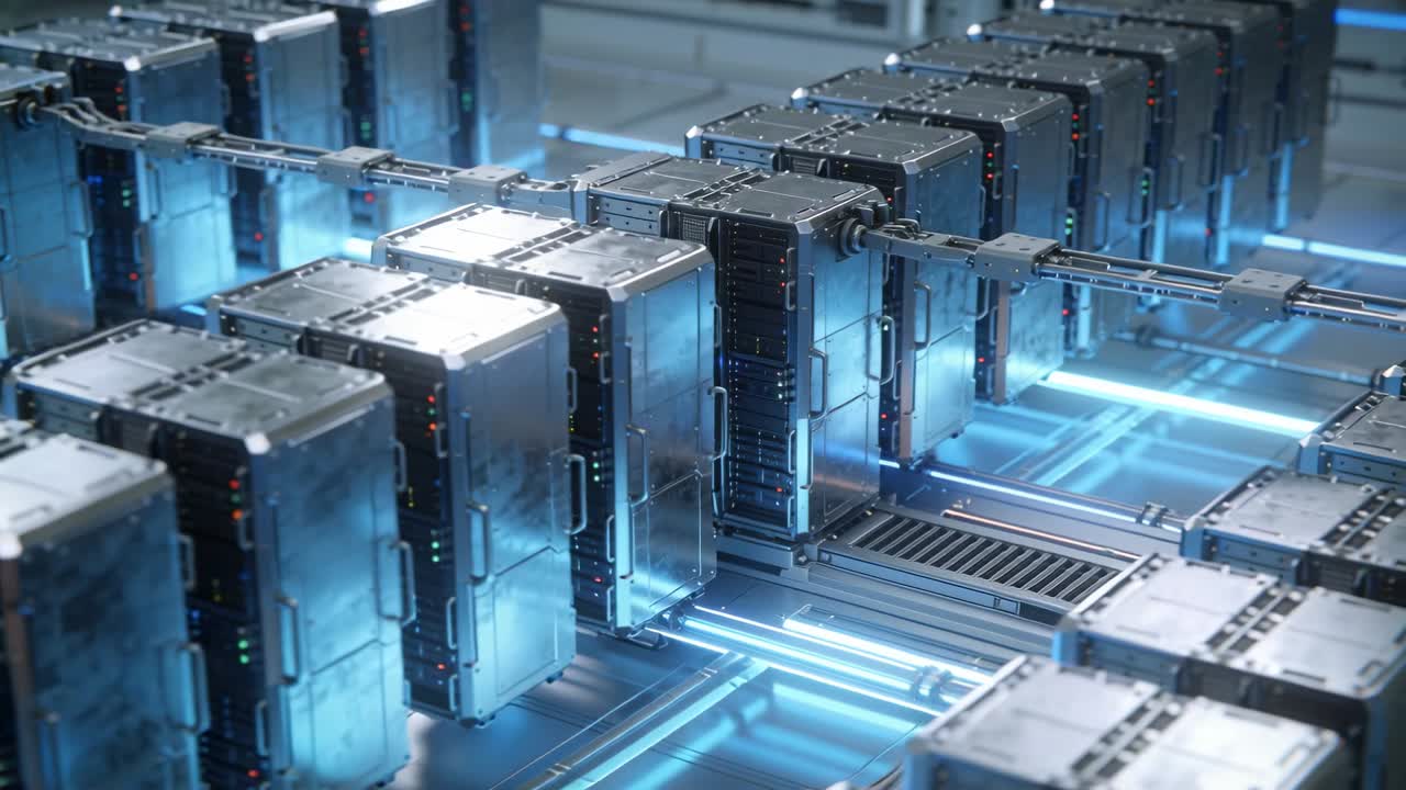 Gantry grabbing center module and sliding rows along blue conduits, technology aligning modules